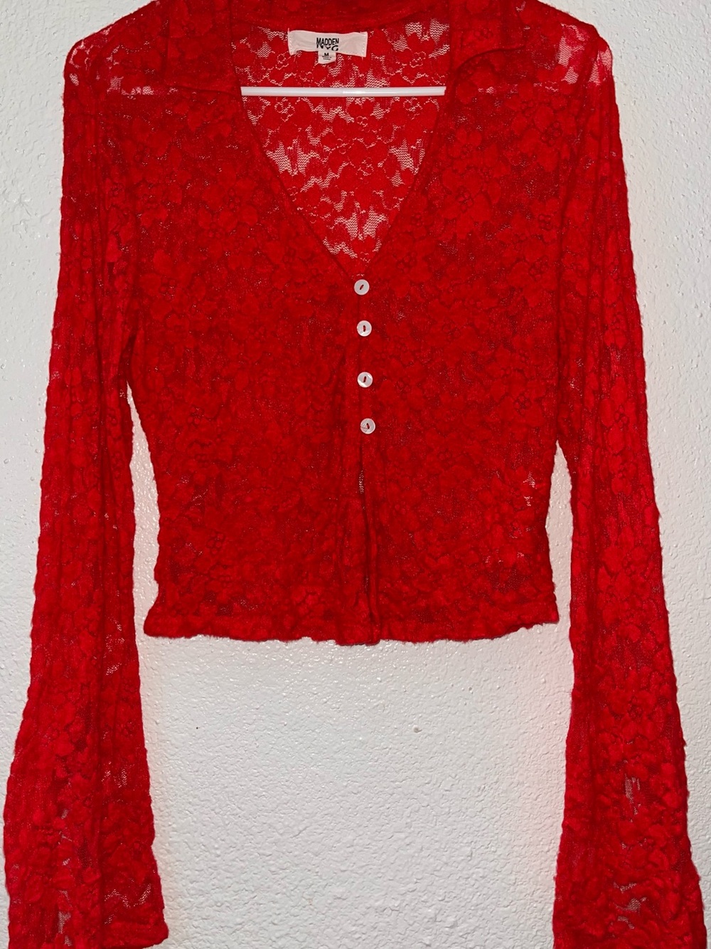 NUDE Sheer Red Lace Button-Front Long Sleeve Blouse